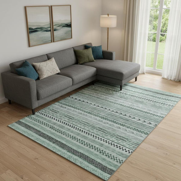 HomeRoots 10' X 14' Teal and Gray Striped Area Rug - Washable, Durable, UV-Protected for Family Living Spaces 695210
