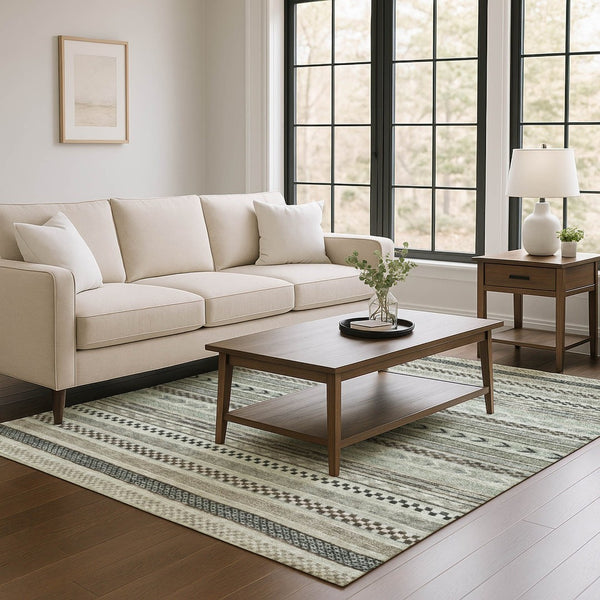 HomeRoots 5' X 8' Versatile Taupe and Beige Striped Area Rug - Stain Resistant, UV Protected, Non-Slip Design! 695212