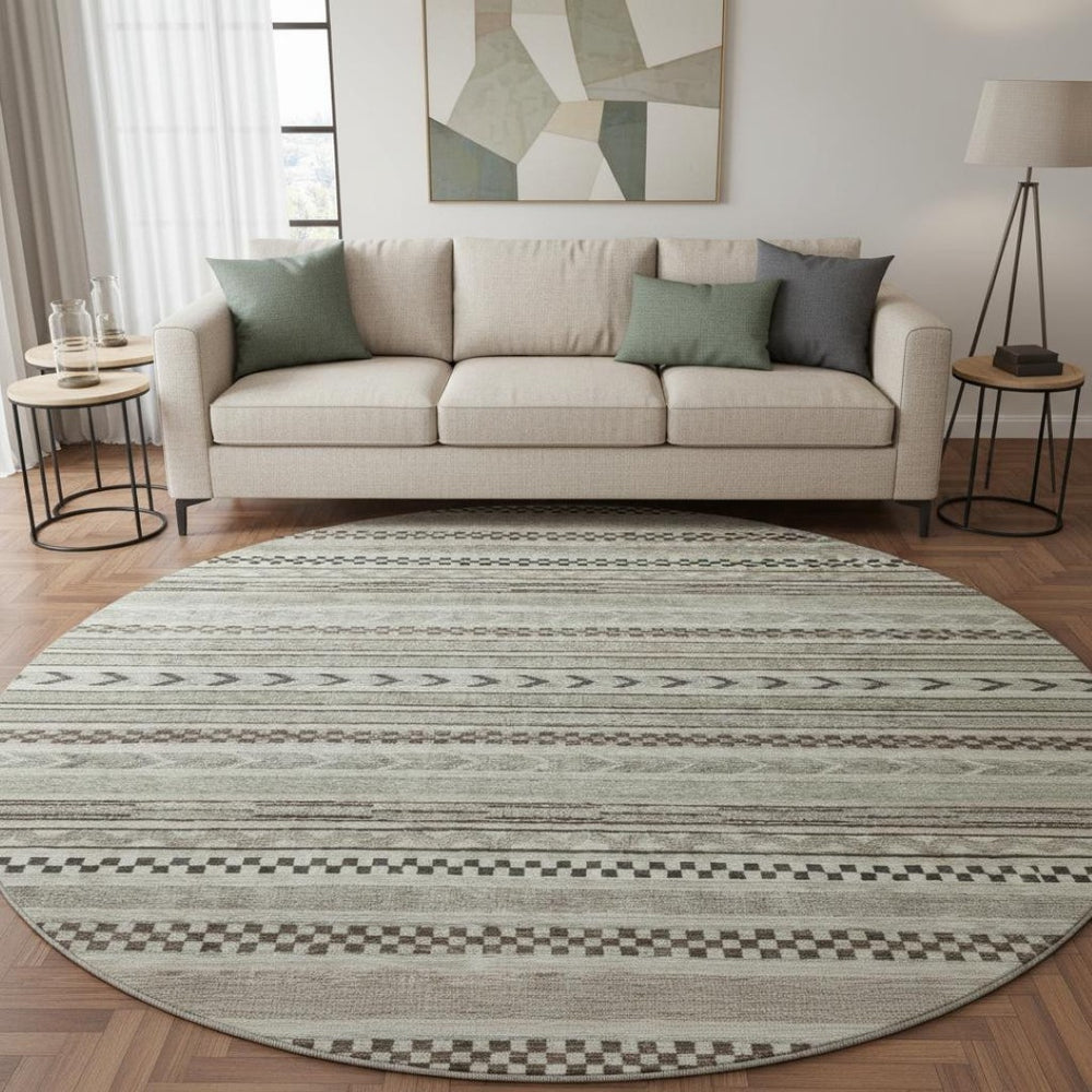 HomeRoots 8' Taupe and Beige Striped Washable Round Rug – Durable, Stain-Resistant, UV-Protected, Non-Slip Design! 695213