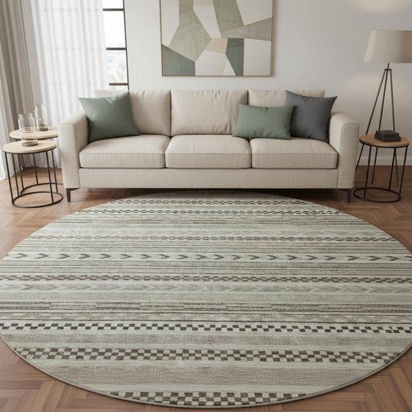 HomeRoots 8' Taupe and Beige Striped Washable Round Rug – Durable, Stain-Resistant, UV-Protected, Non-Slip Design! 695213