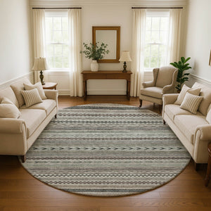 HomeRoots 8' Taupe and Beige Striped Washable Round Rug – Durable, Stain-Resistant, UV-Protected, Non-Slip Design! 695213