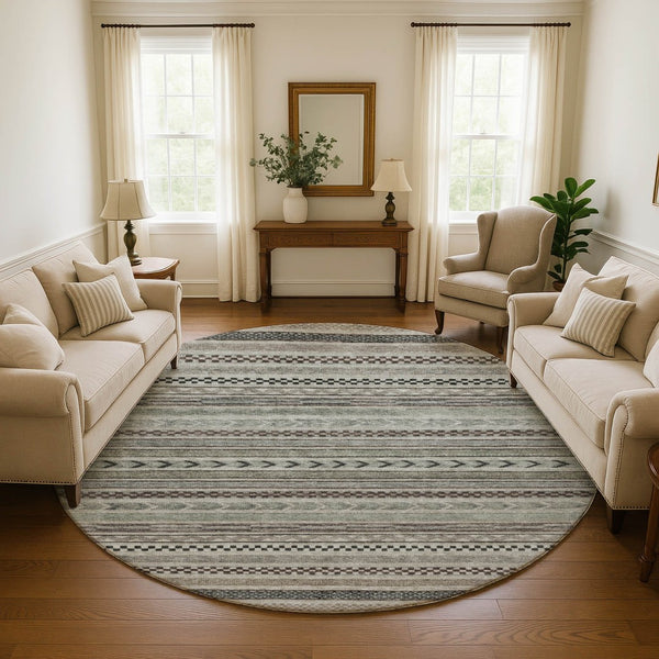 HomeRoots 8' Taupe and Beige Striped Washable Round Rug – Durable, Stain-Resistant, UV-Protected, Non-Slip Design! 695213