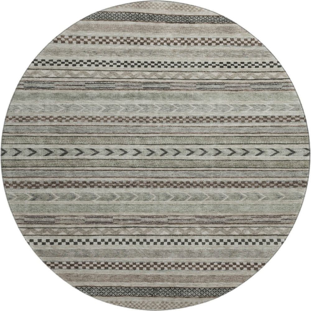 HomeRoots 8' Taupe and Beige Striped Washable Round Rug – Durable, Stain-Resistant, UV-Protected, Non-Slip Design! 695213
