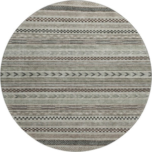 HomeRoots 8' Taupe and Beige Striped Washable Round Rug – Durable, Stain-Resistant, UV-Protected, Non-Slip Design! 695213