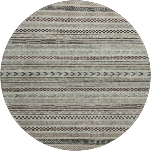 HomeRoots 8' Taupe and Beige Striped Washable Round Rug – Durable, Stain-Resistant, UV-Protected, Non-Slip Design! 695213