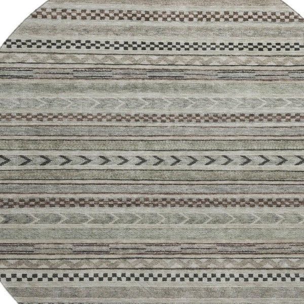 HomeRoots 8' Taupe and Beige Striped Washable Round Rug – Durable, Stain-Resistant, UV-Protected, Non-Slip Design! 695213