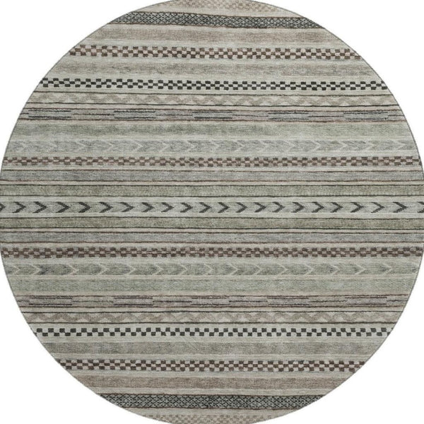 HomeRoots 8' Taupe and Beige Striped Washable Round Rug – Durable, Stain-Resistant, UV-Protected, Non-Slip Design! 695213