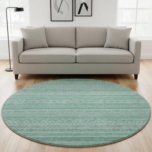 HomeRoots 8' Turquoise and Teal Striped Round Rug - Washable, UV Protected, Stain Resistant for Indoor/Outdoor Use 695219