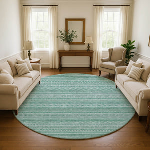 HomeRoots 8' Turquoise and Teal Striped Round Rug - Washable, UV Protected, Stain Resistant for Indoor/Outdoor Use 695219