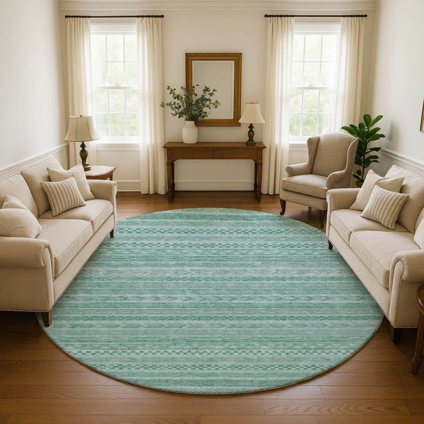 HomeRoots 8' Turquoise and Teal Striped Round Rug - Washable, UV Protected, Stain Resistant for Indoor/Outdoor Use 695219