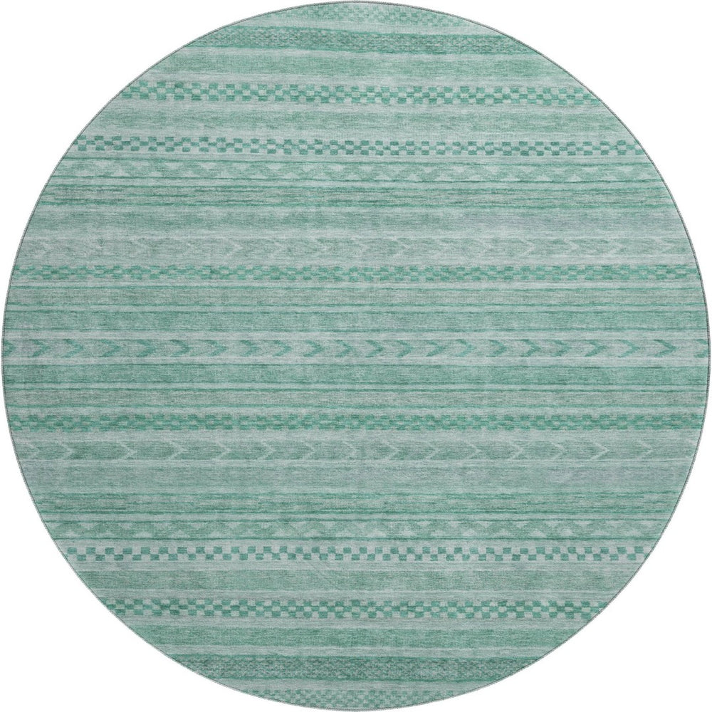 HomeRoots 8' Turquoise and Teal Striped Round Rug - Washable, UV Protected, Stain Resistant for Indoor/Outdoor Use 695219