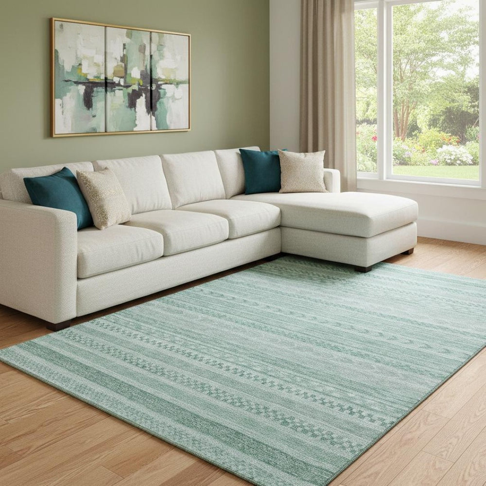 HomeRoots 8' X 10' Vibrant Turquoise & Teal Striped Washable Area Rug with UV Protection for High-Traffic Spaces 695220