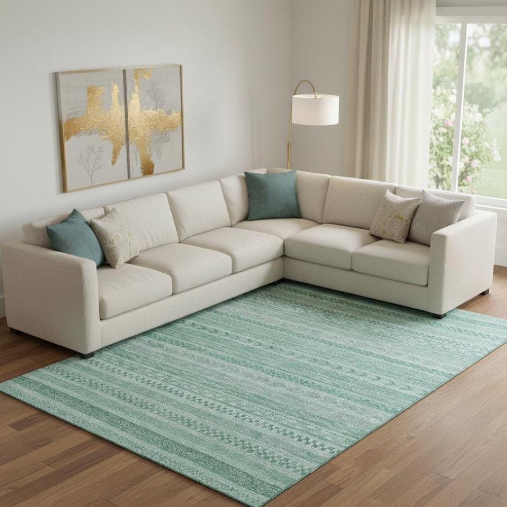 HomeRoots 9' X 12' Turquoise & Teal Striped Washable Area Rug - UV Protected, Pet-Friendly, Durable Design 695221