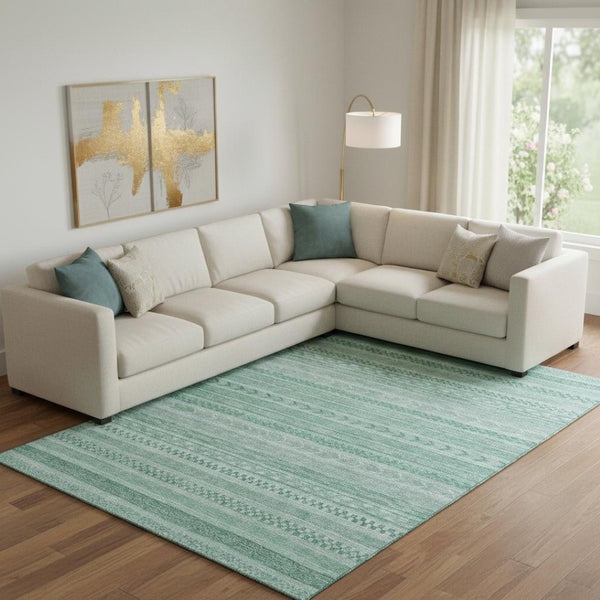 HomeRoots 9' X 12' Turquoise & Teal Striped Washable Area Rug - UV Protected, Pet-Friendly, Durable Design 695221