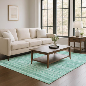 HomeRoots 9' X 12' Turquoise & Teal Striped Washable Area Rug - UV Protected, Pet-Friendly, Durable Design 695221