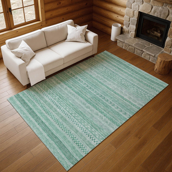 HomeRoots 9' X 12' Turquoise & Teal Striped Washable Area Rug - UV Protected, Pet-Friendly, Durable Design 695221