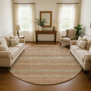 HomeRoots 8' Terra Cotta Striped Washable Round Rug - UV Protected, Durable, and Stylish for Any Space 695225