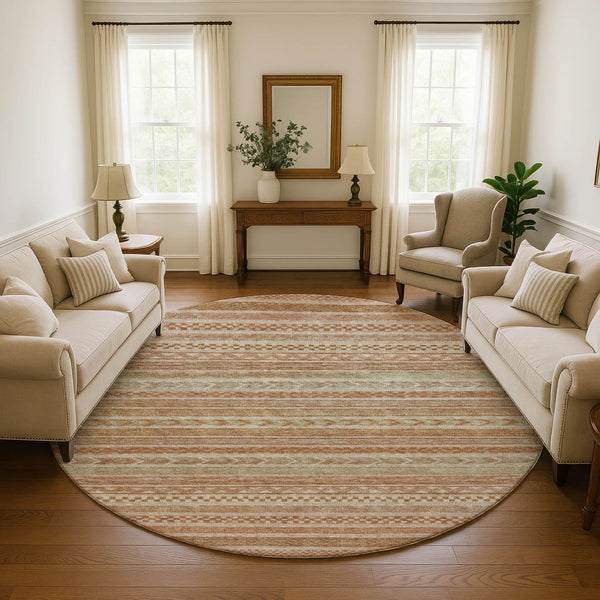 HomeRoots 8' Terra Cotta Striped Washable Round Rug - UV Protected, Durable, and Stylish for Any Space 695225