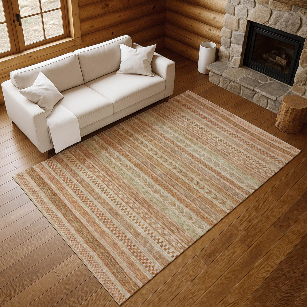 HomeRoots 9' X 12' Durable Terra Cotta Striped Area Rug with Washable, UV Protection for High Traffic Spaces 695227