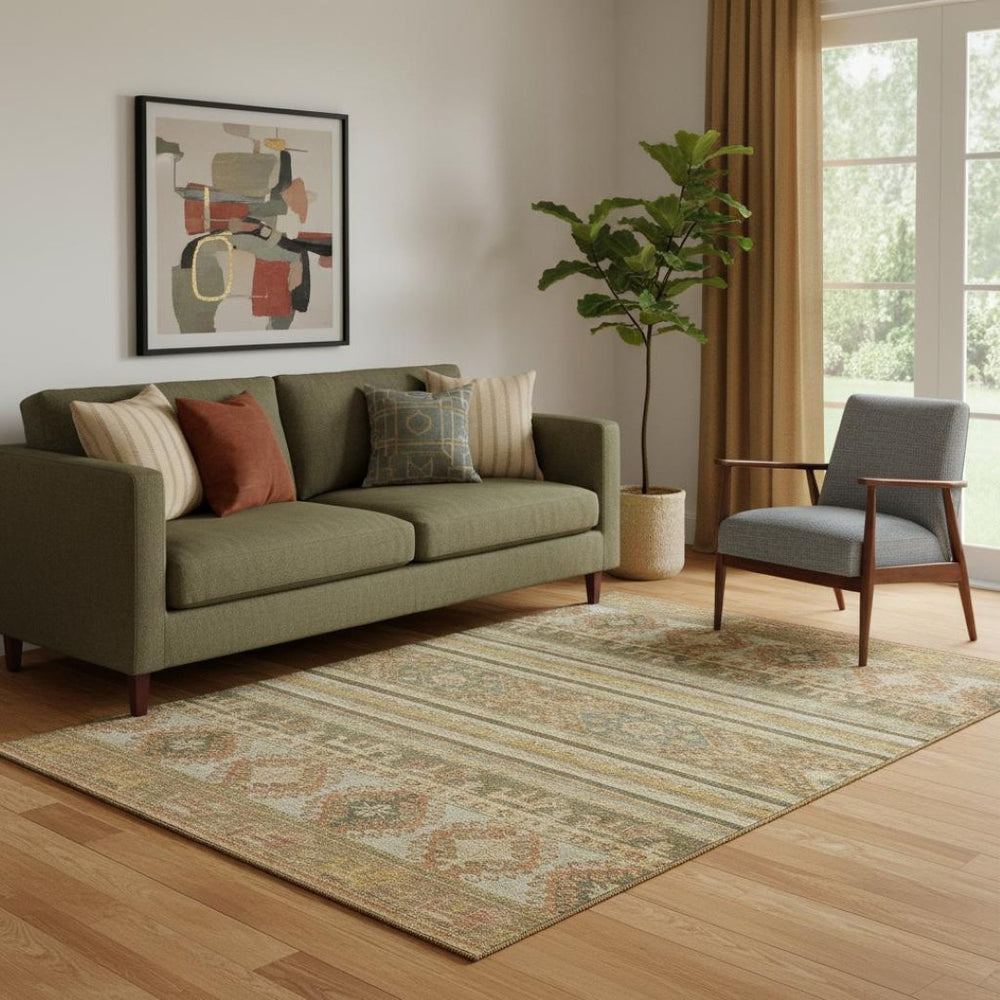 HomeRoots 5' X 8' Beige Gold and Gray Transitional Medallion Area Rug - Washable, UV Protected, Durable Design 695230