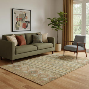 HomeRoots 5' X 8' Beige Gold and Gray Transitional Medallion Area Rug - Washable, UV Protected, Durable Design 695230