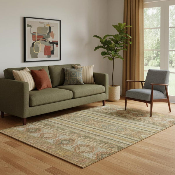 HomeRoots 5' X 8' Beige Gold and Gray Transitional Medallion Area Rug - Washable, UV Protected, Durable Design 695230