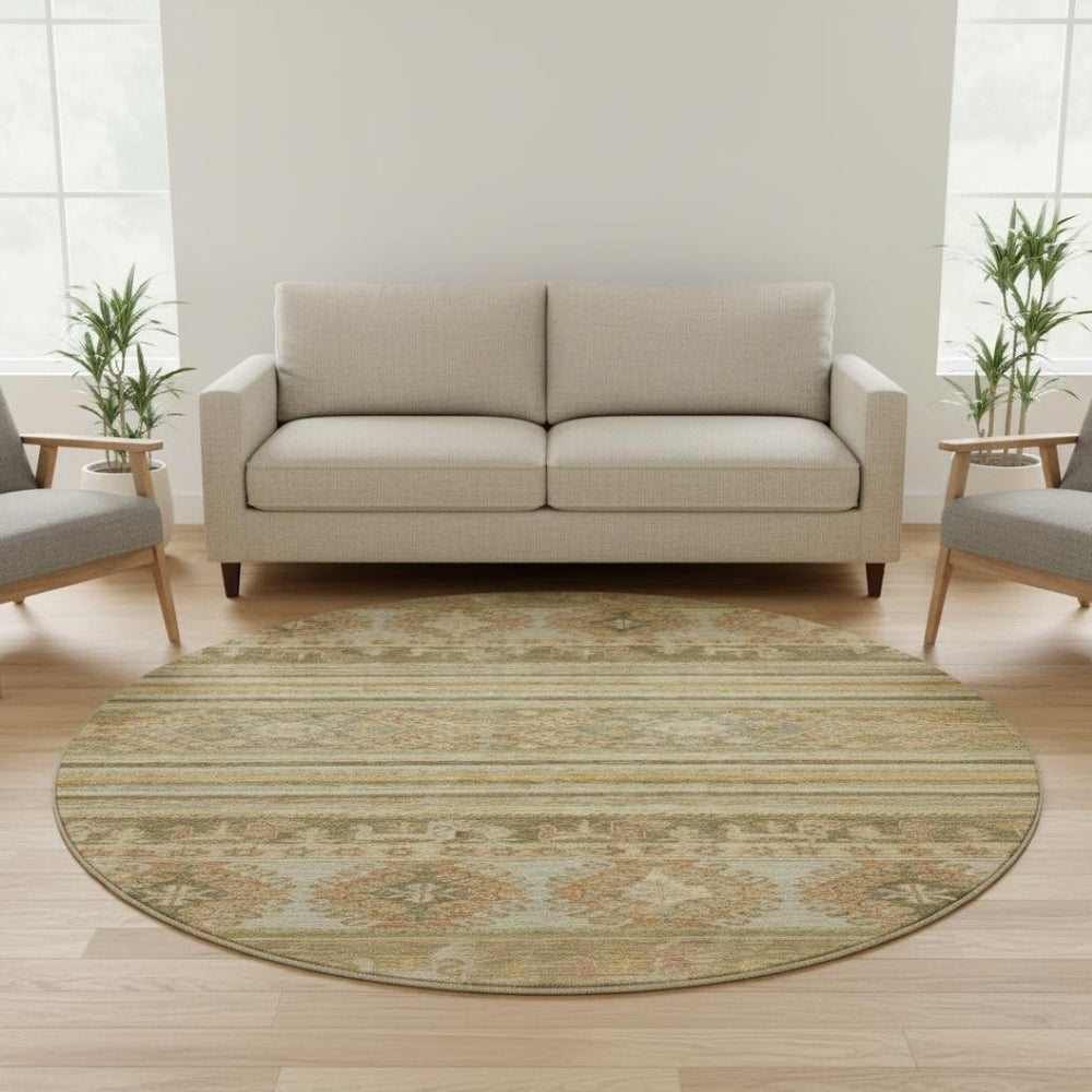 HomeRoots 8' Washable Round Rug in Beige, Gold & Gray Medallion Style - UV Protected, Durable & Stylish Decor 695231