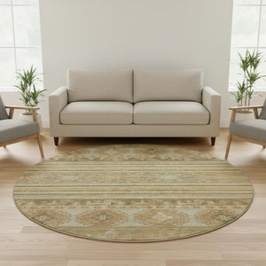 HomeRoots 8' Washable Round Rug in Beige, Gold & Gray Medallion Style - UV Protected, Durable & Stylish Decor 695231