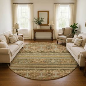 HomeRoots 8' Washable Round Rug in Beige, Gold & Gray Medallion Style - UV Protected, Durable & Stylish Decor 695231