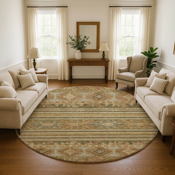 HomeRoots 8' Washable Round Rug in Beige, Gold & Gray Medallion Style - UV Protected, Durable & Stylish Decor 695231