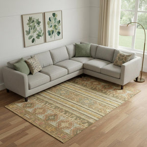 HomeRoots 10' Washable Beige Gold and Gray Medallion Area Rug with UV Protection - Perfect for High-Traffic Homes 695234