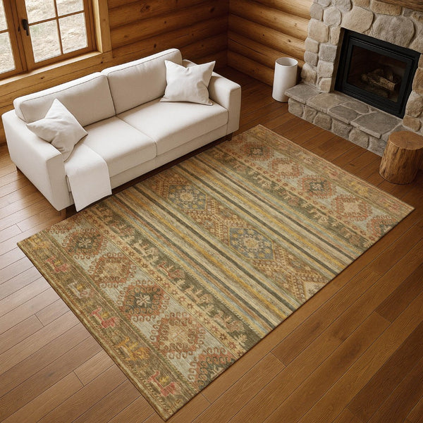 HomeRoots 10' Washable Beige Gold and Gray Medallion Area Rug with UV Protection - Perfect for High-Traffic Homes 695234