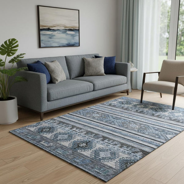 HomeRoots 5' X 8' Blue Ivory Gray Medallion Washable Area Rug - Stylish, Durable, UV Protected for Every Home 695236
