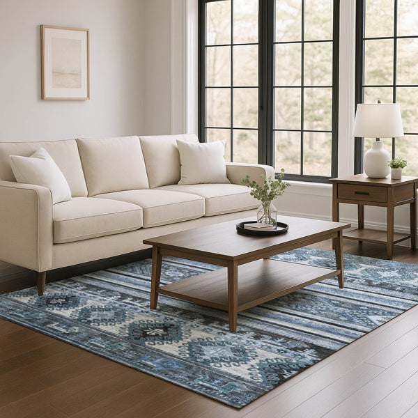 HomeRoots 5' X 8' Blue Ivory Gray Medallion Washable Area Rug - Stylish, Durable, UV Protected for Every Home 695236