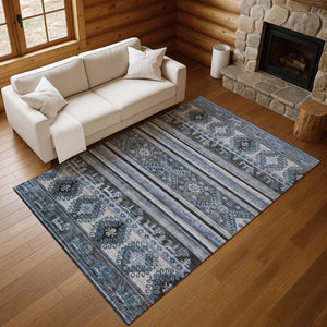 HomeRoots 5' X 8' Blue Ivory Gray Medallion Washable Area Rug - Stylish, Durable, UV Protected for Every Home 695236