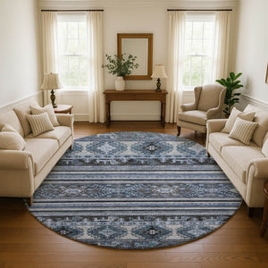 HomeRoots 8' Blue Ivory and Gray Medallion Round Rug – Washable, UV Protected, Soft, Non-Slip for Easy Care 695237