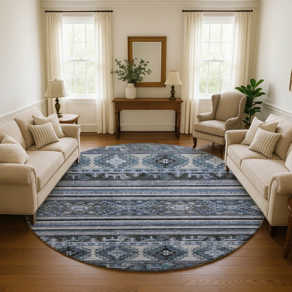 HomeRoots 8' Blue Ivory and Gray Medallion Round Rug – Washable, UV Protected, Soft, Non-Slip for Easy Care 695237