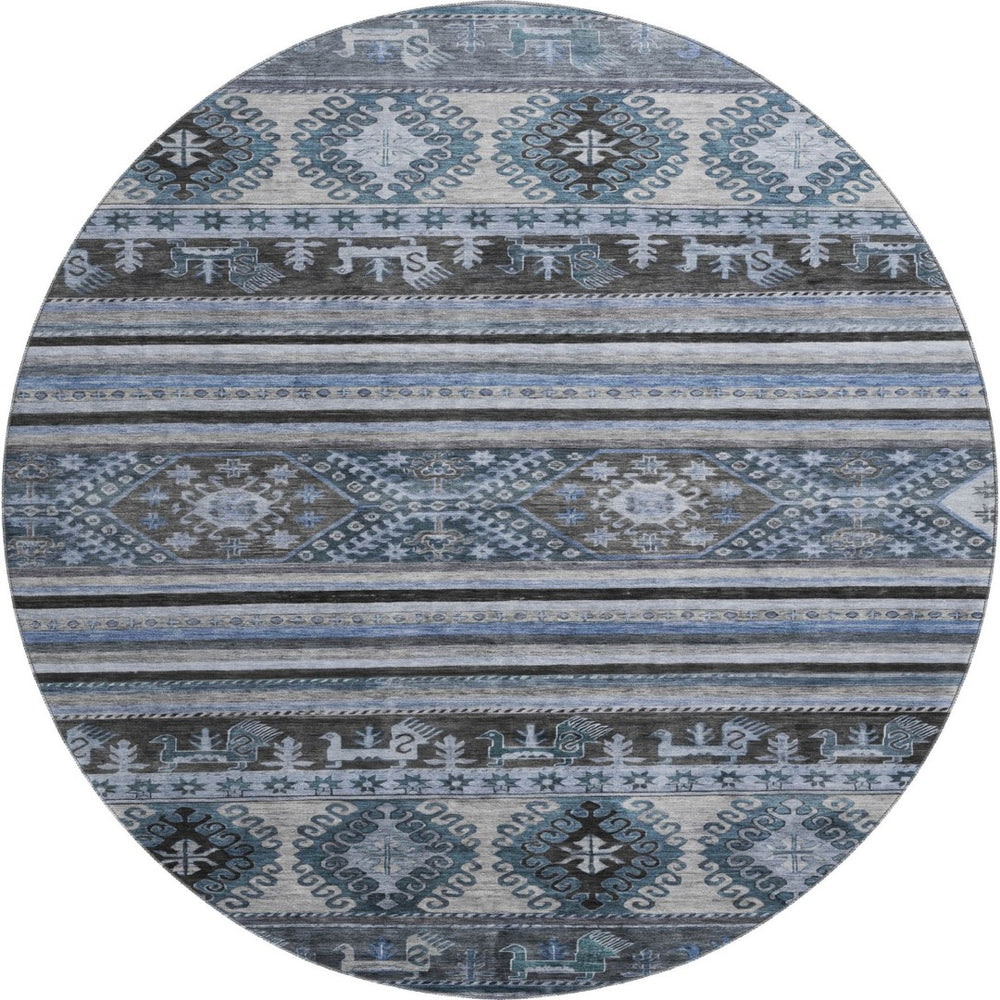 HomeRoots 8' Blue Ivory and Gray Medallion Round Rug – Washable, UV Protected, Soft, Non-Slip for Easy Care 695237