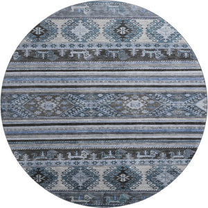 HomeRoots 8' Blue Ivory and Gray Medallion Round Rug – Washable, UV Protected, Soft, Non-Slip for Easy Care 695237