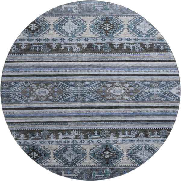 HomeRoots 8' Blue Ivory and Gray Medallion Round Rug – Washable, UV Protected, Soft, Non-Slip for Easy Care 695237