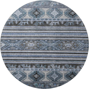 HomeRoots 8' Blue Ivory and Gray Medallion Round Rug – Washable, UV Protected, Soft, Non-Slip for Easy Care 695237