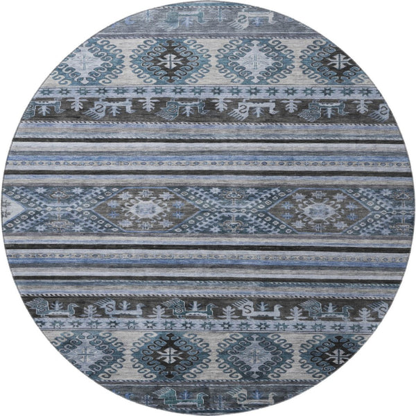 HomeRoots 8' Blue Ivory and Gray Medallion Round Rug – Washable, UV Protected, Soft, Non-Slip for Easy Care 695237