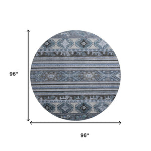 HomeRoots 8' Blue Ivory and Gray Medallion Round Rug – Washable, UV Protected, Soft, Non-Slip for Easy Care 695237