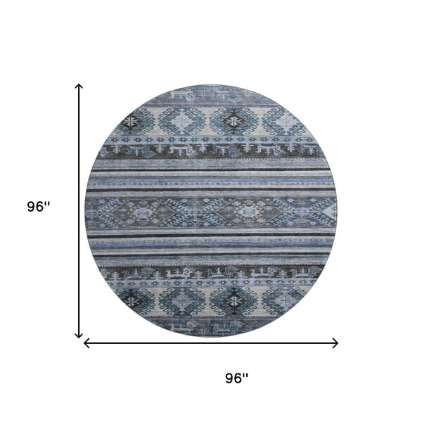 HomeRoots 8' Blue Ivory and Gray Medallion Round Rug – Washable, UV Protected, Soft, Non-Slip for Easy Care 695237