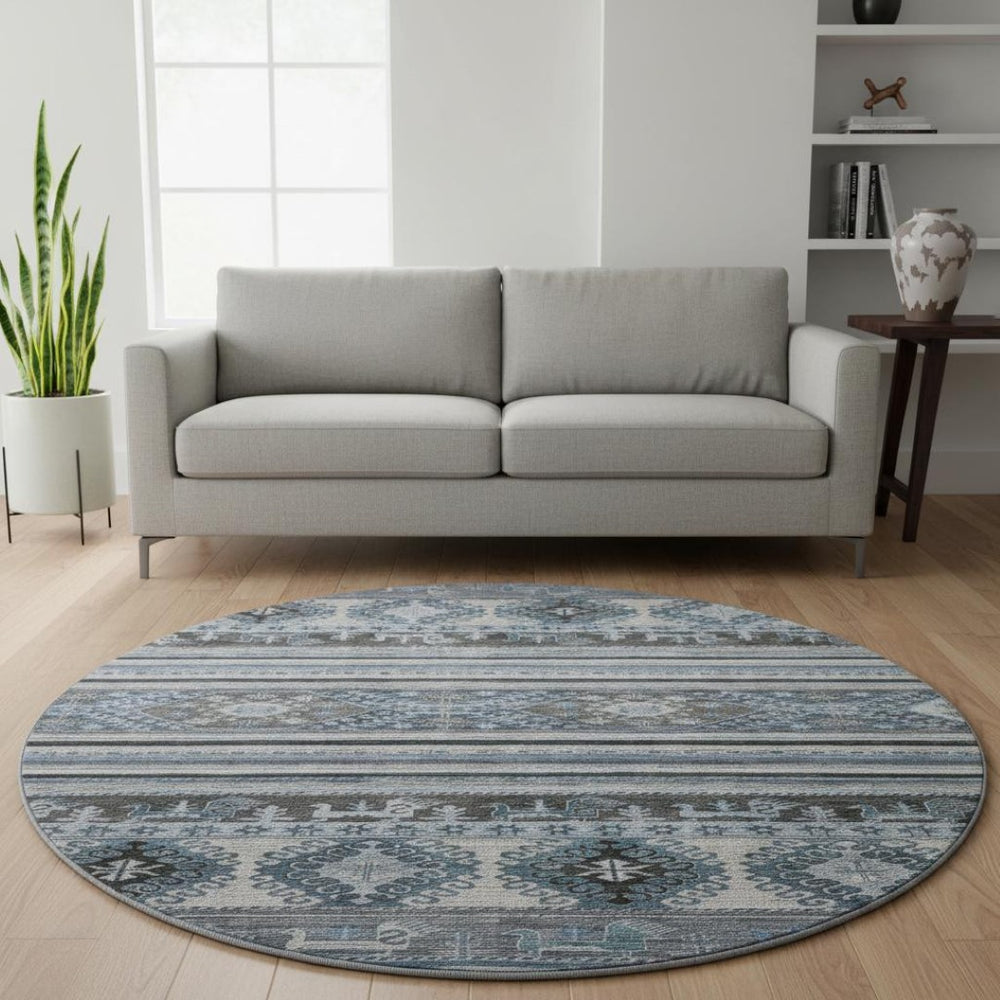HomeRoots 8' Blue Ivory and Gray Medallion Round Rug – Washable, UV Protected, Soft, Non-Slip for Easy Care 695237