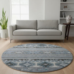 HomeRoots 8' Blue Ivory and Gray Medallion Round Rug – Washable, UV Protected, Soft, Non-Slip for Easy Care 695237