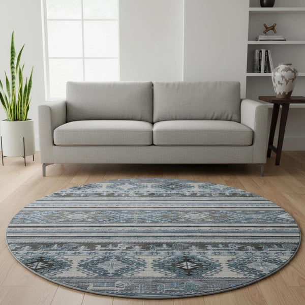 HomeRoots 8' Blue Ivory and Gray Medallion Round Rug – Washable, UV Protected, Soft, Non-Slip for Easy Care 695237