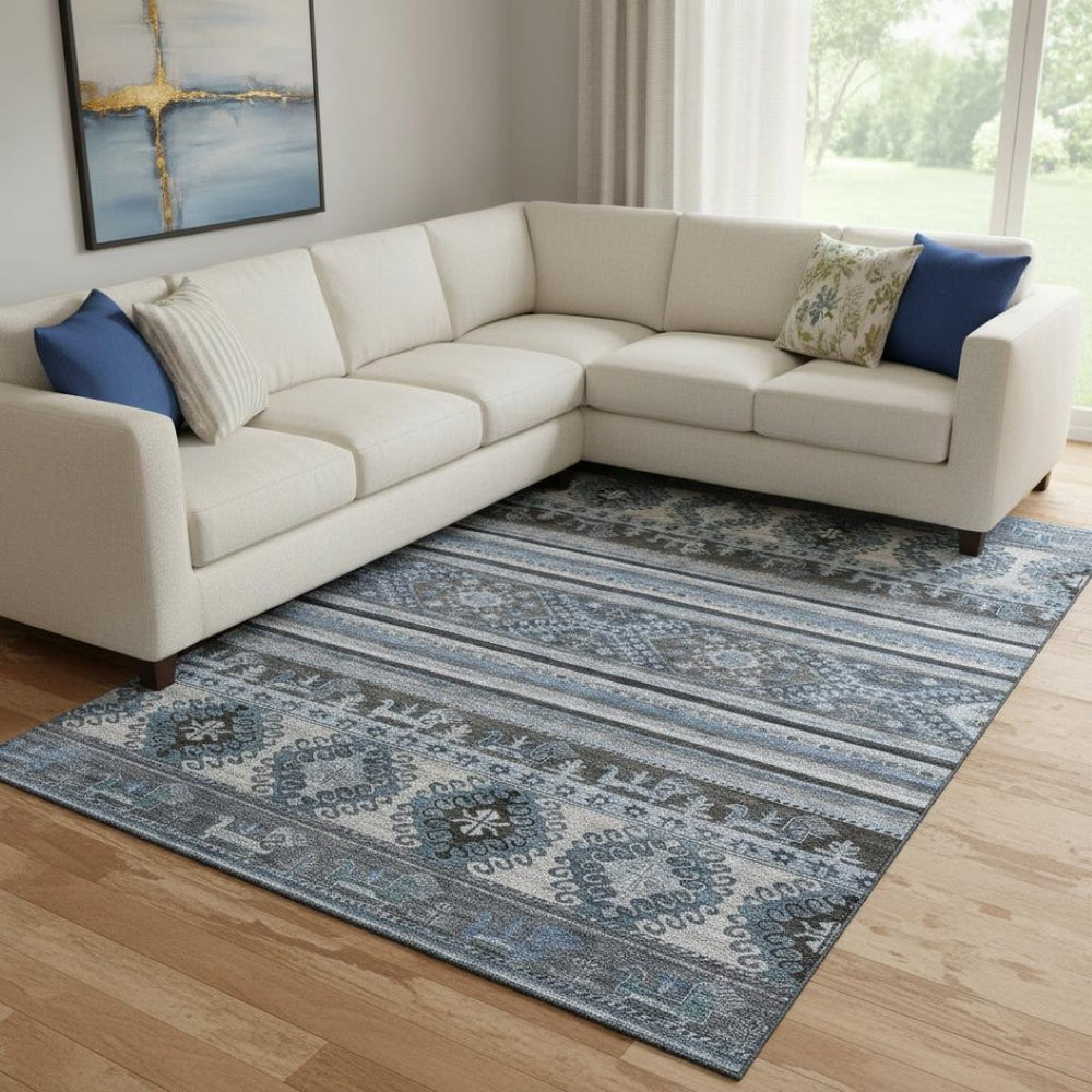 HomeRoots 8' X 10' Blue Ivory Gray Medallion Area Rug - Stylish, Stain-Resistant & UV Protected for Every Space 695238