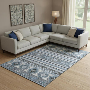 HomeRoots 9' X 12' Stylish Blue Ivory Gray Medallion Washable Area Rug - Durable, UV Protected & Stain Resistant! 695239