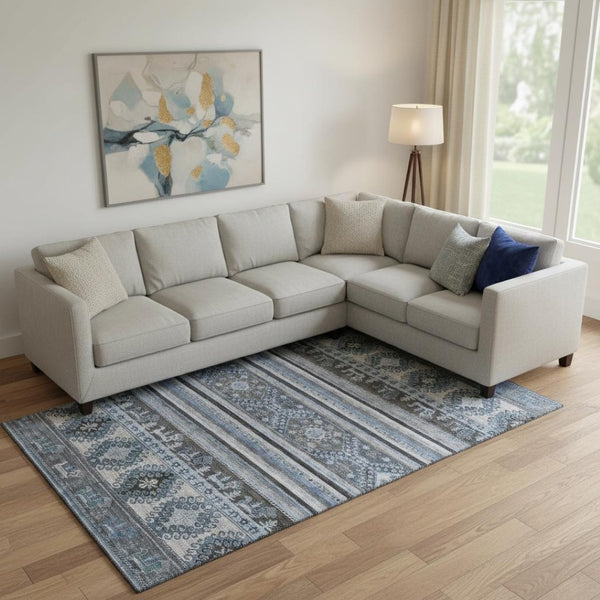 HomeRoots 10' X 14' Elegant Blue Ivory Gray Medallion Area Rug with UV Protection - Easy Care for Busy Homes 695240